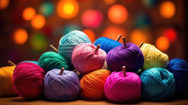 Photo a photo of a group of colorful yarn skeins cozy knitting nook backdrop