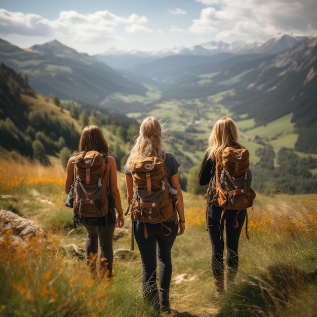 バックパックを背負って山をハイキングしている友達のグループの写真 Generative AI