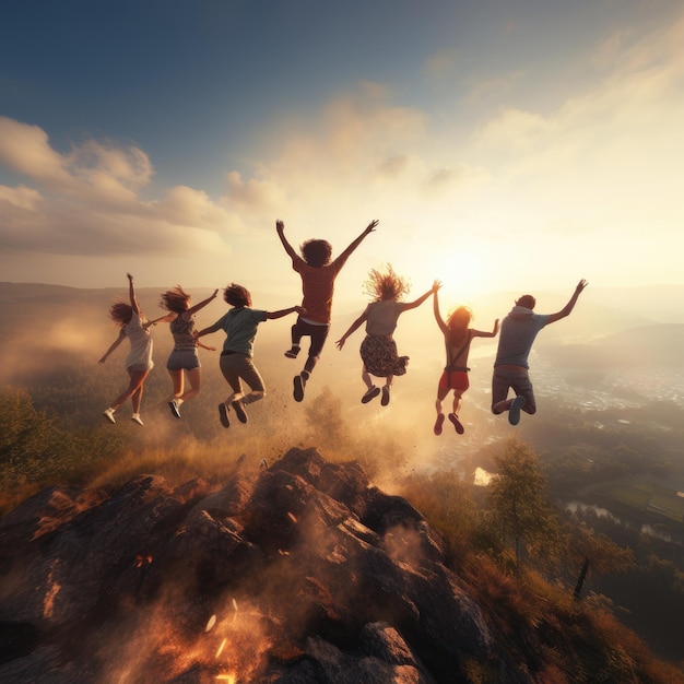 photo group of friends jumping on top of hill hyper realistic 8k