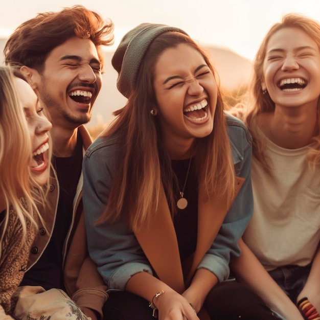 Фотография группы смеющихся друзей, созданная ИИ во Всемирный день смеха