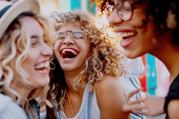 Una foto di un gruppo di amici che ridono e si divertono insieme