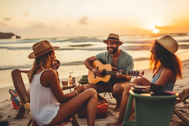 Photo of Group of friends playing acoustic instruments