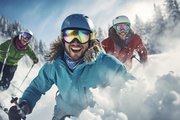 Photo of a group of friends skiing down a snowy slope their faces filled with excitement and joy Generative AI