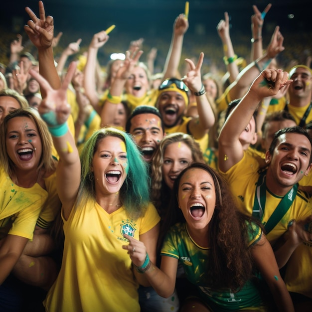 브라질 팀의 승리를 응원하는 행복한 팬들의 사진 그룹