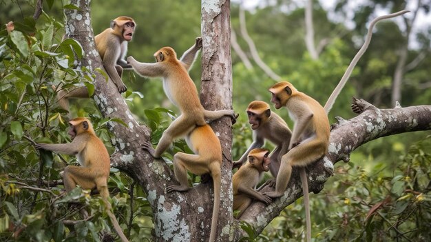 Photo a photo of a group of mischievous monkeys playing v