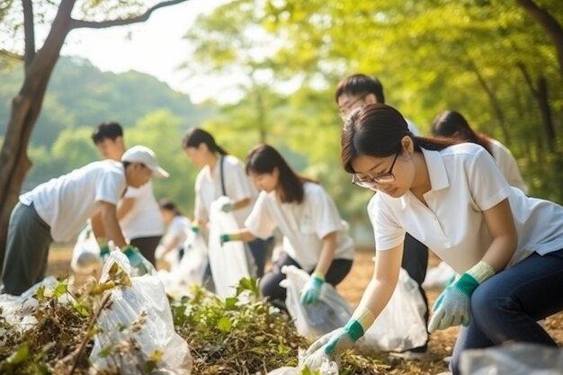 사진 아시아의 다양한 사람들의 사진 그룹 자원봉사자 팀워크 플라스틱과 거품을 선택하는 데 도움이됩니다.