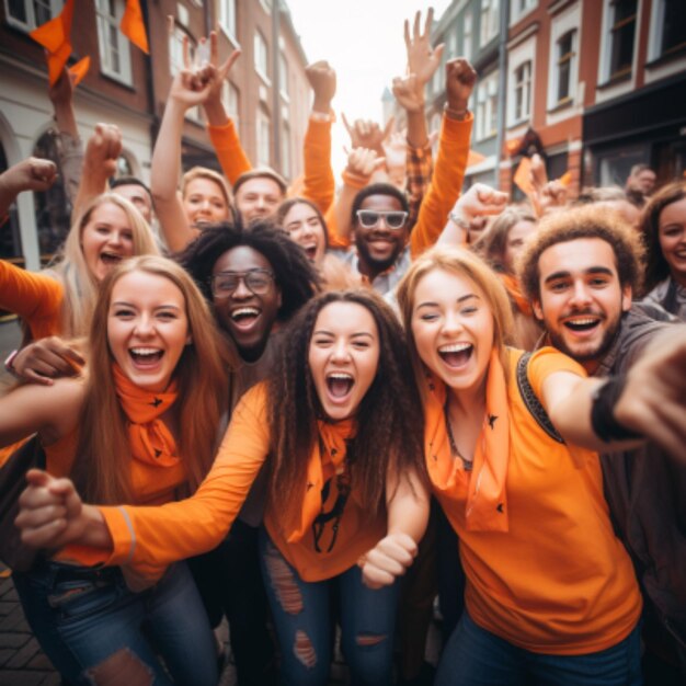 写真 幸せなファンのグループの写真 オランダ ベランダはチームの勝利を ⁇ 歌しています
