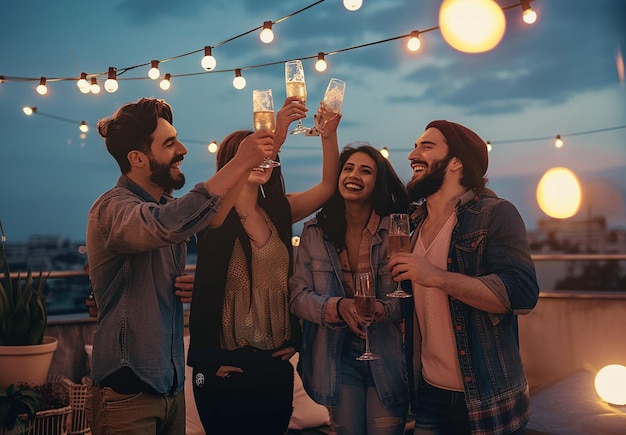 Photo photo of a group of people friends are sitting dancing laughing around a table with light