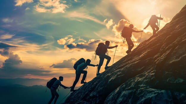 Photo photo of group of people leadership of a mountain together a strong show of teamwork between hikers