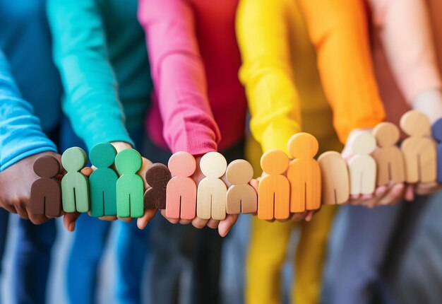 Photo photo of a group of people with their hands together one of which is holding a stack of other peopl