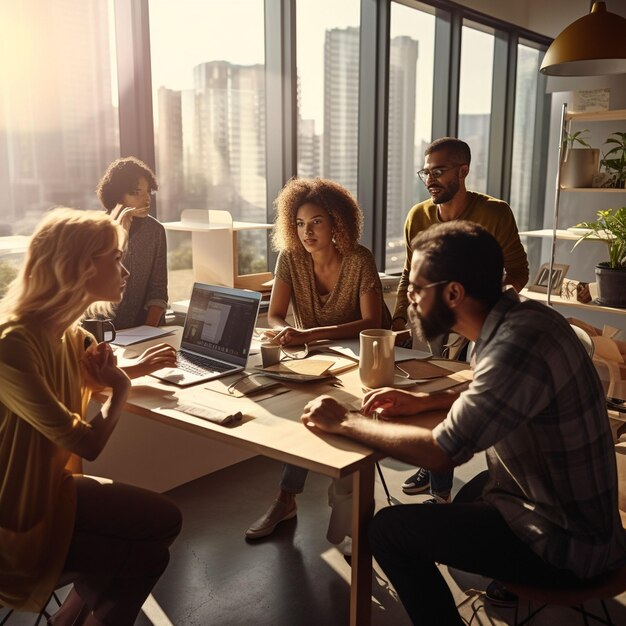 photo group of people working out business plan in an office