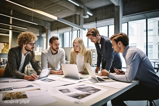 photo group of people working out business plan in an office