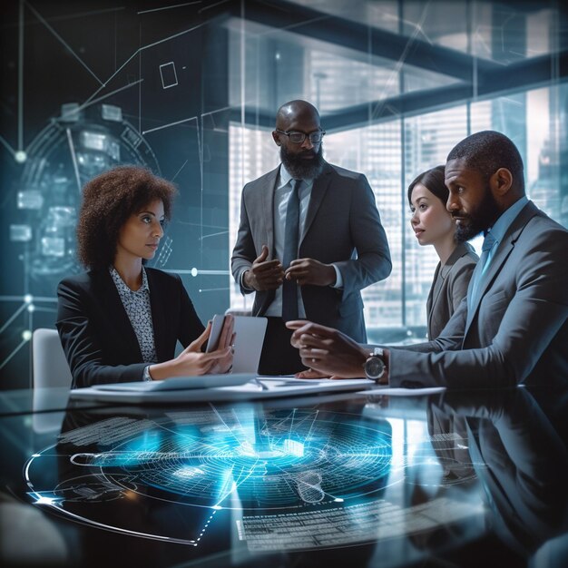 Photo group of people working out business plan in an office