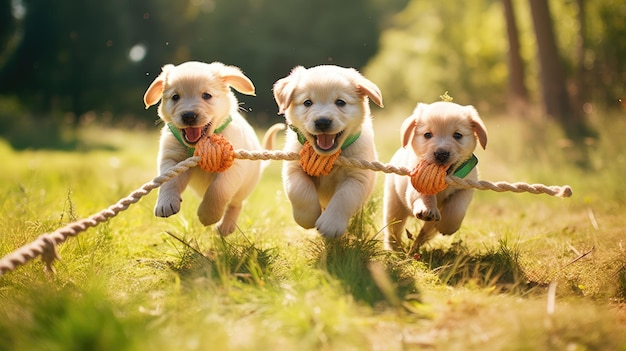 Photo a photo of a group of puppies playing with a rope toy green grass