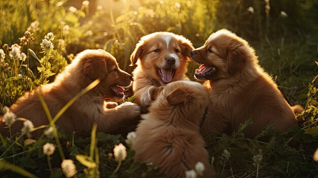 Photo a photo of a group of puppies wrestling in the grass dappled sunlight