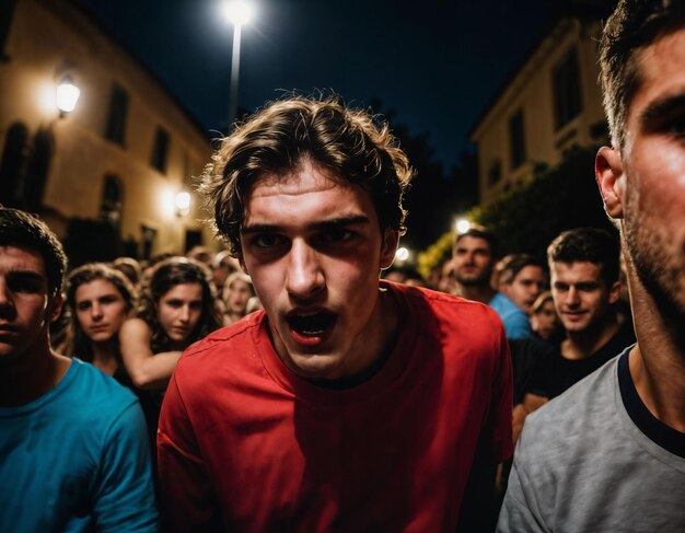 Foto di un gruppo di ragazzini universitari arrabbiati che combattono l'altro con una ferita in faccia ai generativa