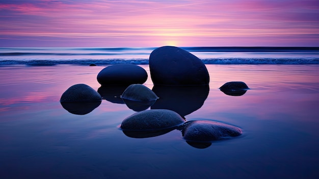 A photo of a group of rocks on a beach twilight silhouette