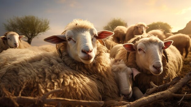 牧場で静かに休んでいる羊の群れの写真
