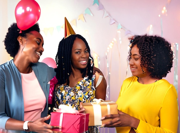 photo group of three female friends enjoying the party with presents and balloons