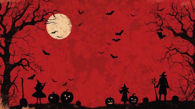 photo grunge red background with halloween silhouettes