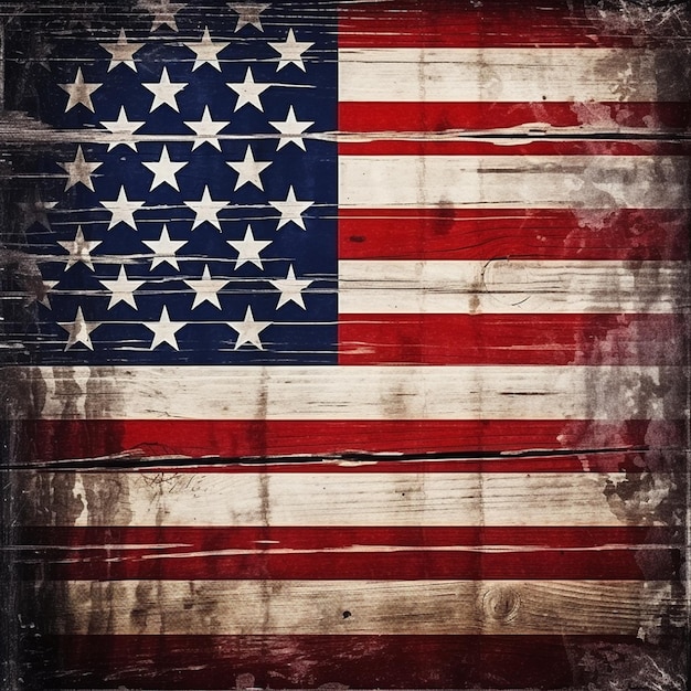 グランジスタイルのアメリカ国旗を木製の背景に描いた写真
