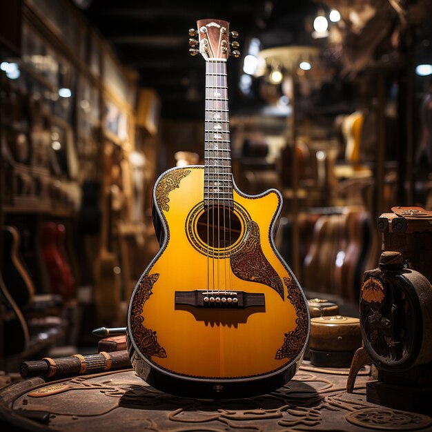 photo of a guitar inside a musical instrument store