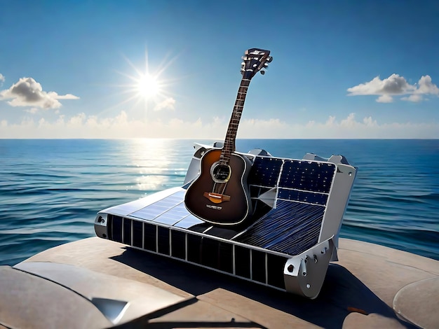 Photo a guitar sits on a solar panel with the ocean in the background