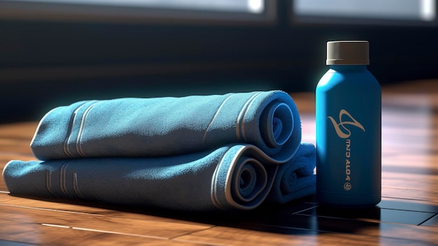 A photo of a gym towel and water bottle