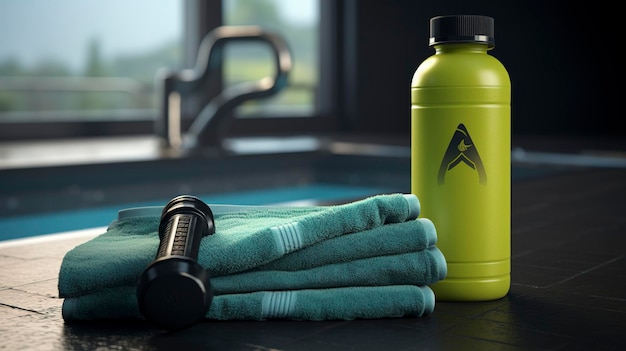 A photo of a gym towel and water bottle