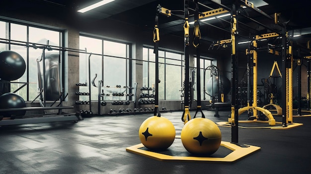 A Photo of a Gym Workout Station with TRX Straps and Bosu Balls
