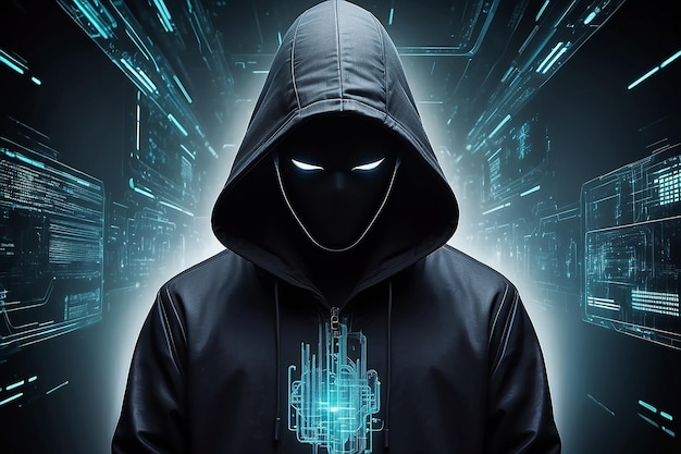 Photo of a hacker with hood in a futuristic background