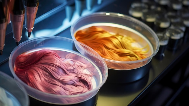 A photo of hair color being mixed and prepared for application