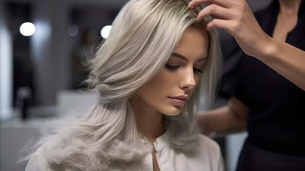 A photo of a hairstylist using a hair volumizing powder