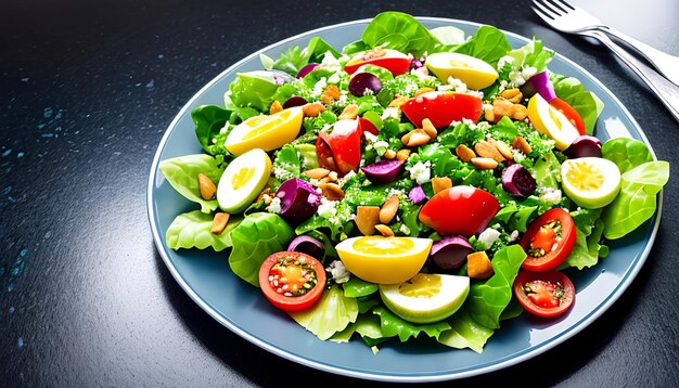 Photo photo half shot of delicious vegan salad with fresh ingredients in a plate and fork on black cuttin