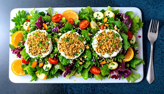 Photo half shot of delicious vegan salad with fresh ingredients in a plate and fork on black cutting