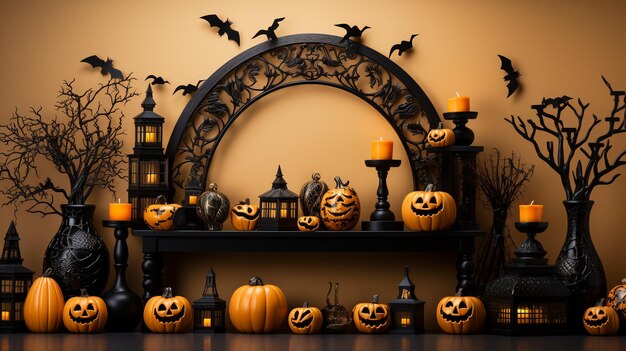 photo of halloween decorations pumpkin baskets candy corn straws spiders web bats ghost