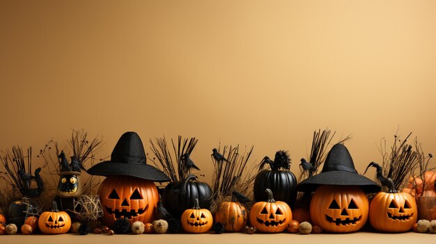 photo of halloween decorations pumpkin baskets candy corn straws spiders web bats ghost
