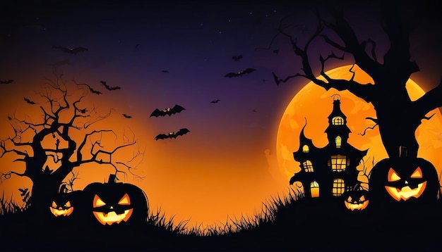 Photo photo halloween night background image with spooky castle and pumpkins vector elements banner hallow