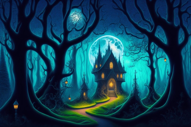 Фото Хэллоуин ночь луна композиция с призраком мухи и светящиеся тыквы винтажный замок синий тон