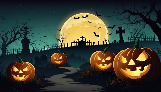 Photo a halloween pumpkin sits in a graveyard with a full moon behind it