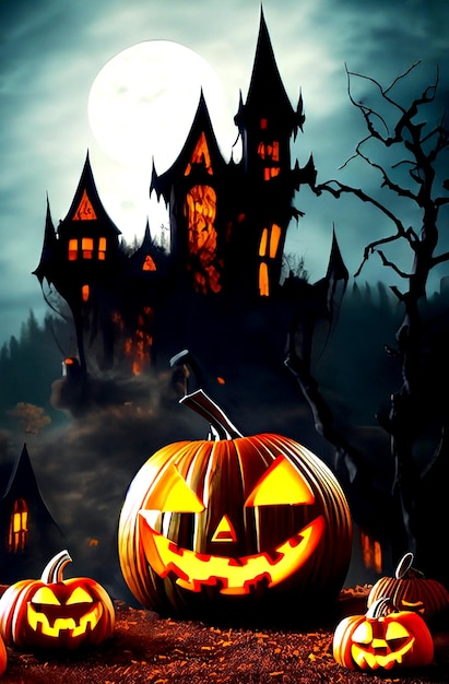 Photo halloween pumpkins of nightly spooky forest and castle