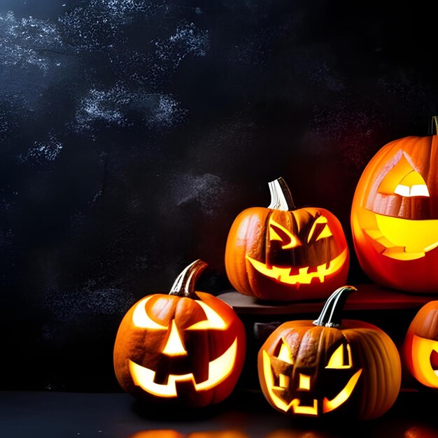 Photo Halloween pumpkins with the light on a black background terrifying image generative ai