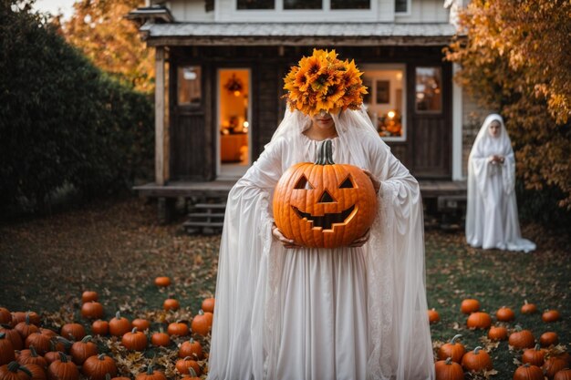 ハロウィーンの幽霊とカボチャの写真