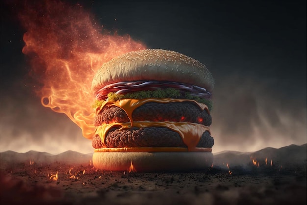 Photo of Hamburger with flame on background v6