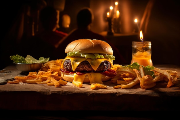 photo of a hamburger with fries