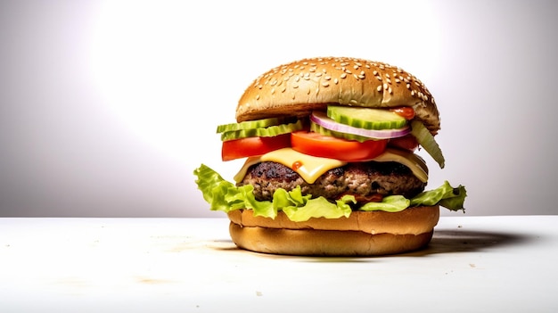 Photo of hamburger with greens and cheese on plain background generative ai