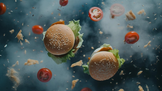 A photo of hamburgers with tomato on the top and the words " burgers " on the bottom.