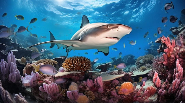 Photo of hammerhead shark with various fish between healthy coral reefs in the blue ocean