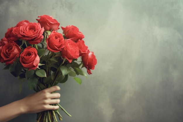 Photo of hand holding a bouquet of roses AI generated