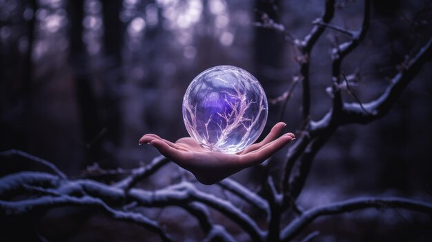 A photo of a hand holding a crystal mystical forest backdrop